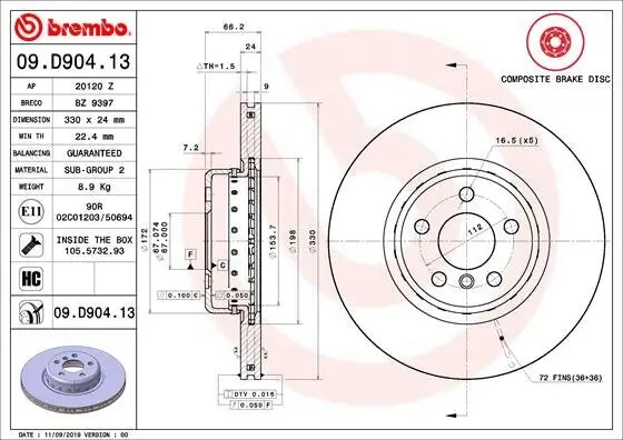 Bremsscheibe BREMBO 09.D904.13