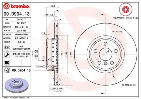 Bremsscheibe BREMBO 09.D904.13 Bild Bremsscheibe BREMBO 09.D904.13