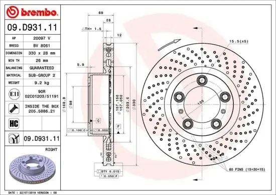 Bremsscheibe Vorderachse Vorderachse rechts BREMBO 09.D931.11 Bild Bremsscheibe Vorderachse Vorderachse rechts BREMBO 09.D931.11