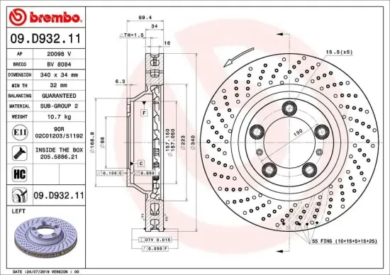 Bremsscheibe Vorderachse Vorderachse links BREMBO 09.D932.11 Bild Bremsscheibe Vorderachse Vorderachse links BREMBO 09.D932.11