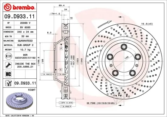 Bremsscheibe Vorderachse Vorderachse rechts BREMBO 09.D933.11 Bild Bremsscheibe Vorderachse Vorderachse rechts BREMBO 09.D933.11