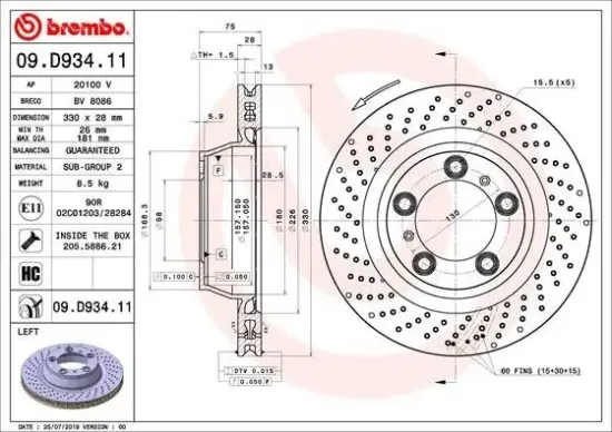 Bremsscheibe Hinterachse Hinterachse links BREMBO 09.D934.11 Bild Bremsscheibe Hinterachse Hinterachse links BREMBO 09.D934.11