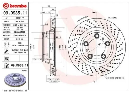 Bremsscheibe Hinterachse Hinterachse rechts BREMBO 09.D935.11 Bild Bremsscheibe Hinterachse Hinterachse rechts BREMBO 09.D935.11