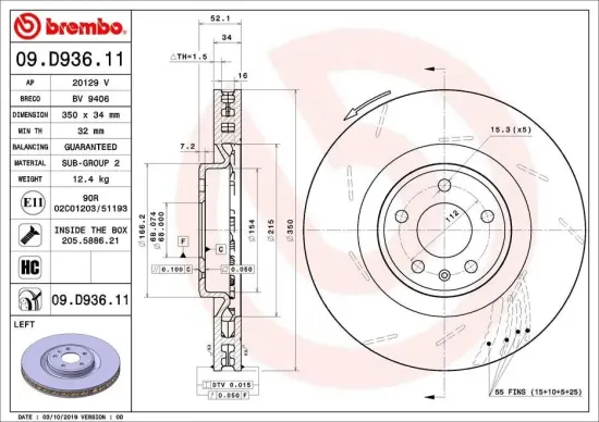 Bremsscheibe Vorderachse Vorderachse links BREMBO 09.D936.11 Bild Bremsscheibe Vorderachse Vorderachse links BREMBO 09.D936.11
