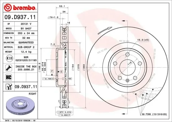Bremsscheibe Vorderachse Vorderachse rechts BREMBO 09.D937.11 Bild Bremsscheibe Vorderachse Vorderachse rechts BREMBO 09.D937.11