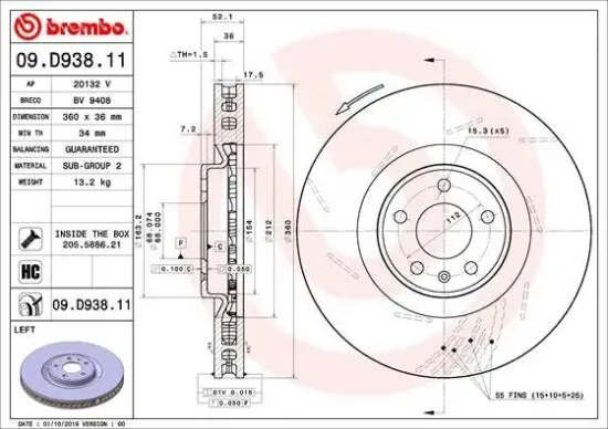 Bremsscheibe Vorderachse Vorderachse links BREMBO 09.D938.11 Bild Bremsscheibe Vorderachse Vorderachse links BREMBO 09.D938.11