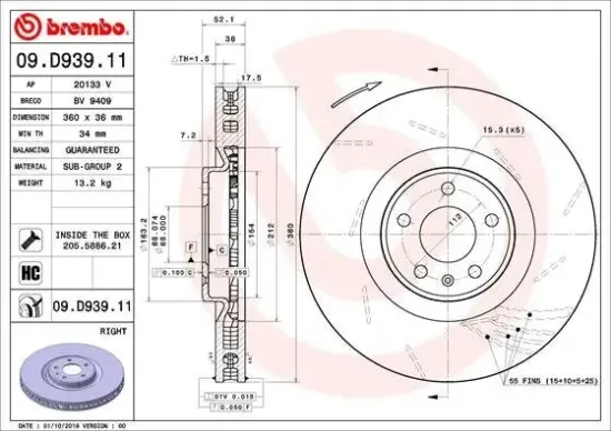 Bremsscheibe Vorderachse Vorderachse rechts BREMBO 09.D939.11 Bild Bremsscheibe Vorderachse Vorderachse rechts BREMBO 09.D939.11