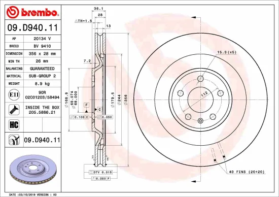 Bremsscheibe Hinterachse BREMBO 09.D940.11 Bild Bremsscheibe Hinterachse BREMBO 09.D940.11