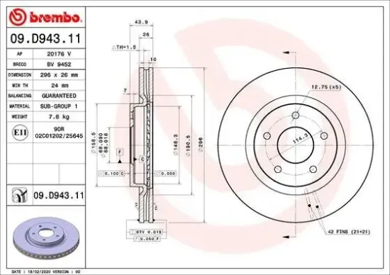 Bremsscheibe Vorderachse BREMBO 09.D943.11 Bild Bremsscheibe Vorderachse BREMBO 09.D943.11