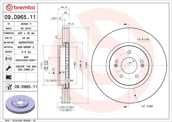 Bremsscheibe Vorderachse BREMBO 09.D965.11 Bild Bremsscheibe Vorderachse BREMBO 09.D965.11