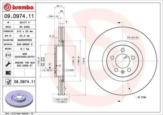 Bremsscheibe Vorderachse BREMBO 09.D974.11 Bild Bremsscheibe Vorderachse BREMBO 09.D974.11