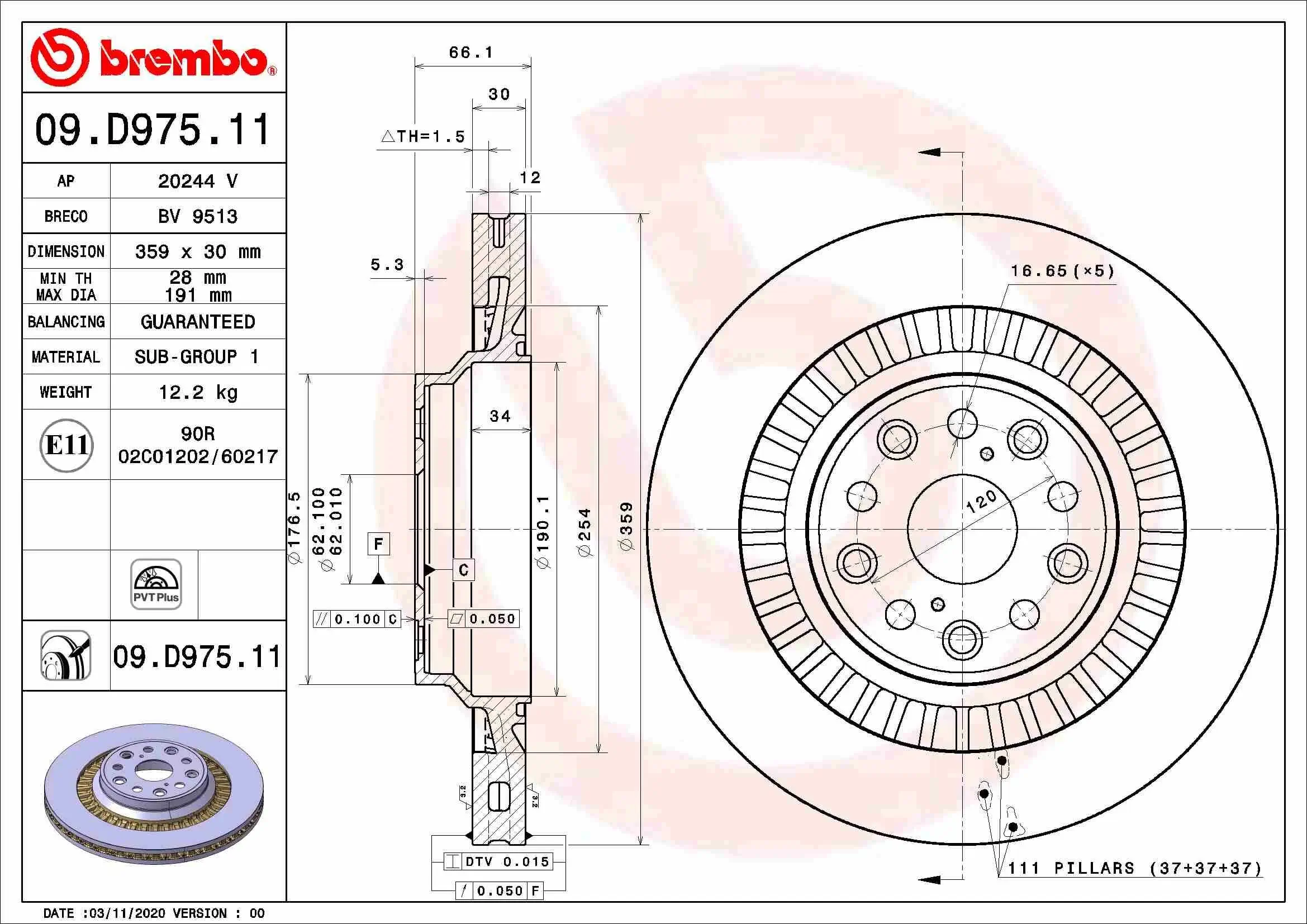 Bremsscheibe Hinterachse BREMBO 09.D975.11