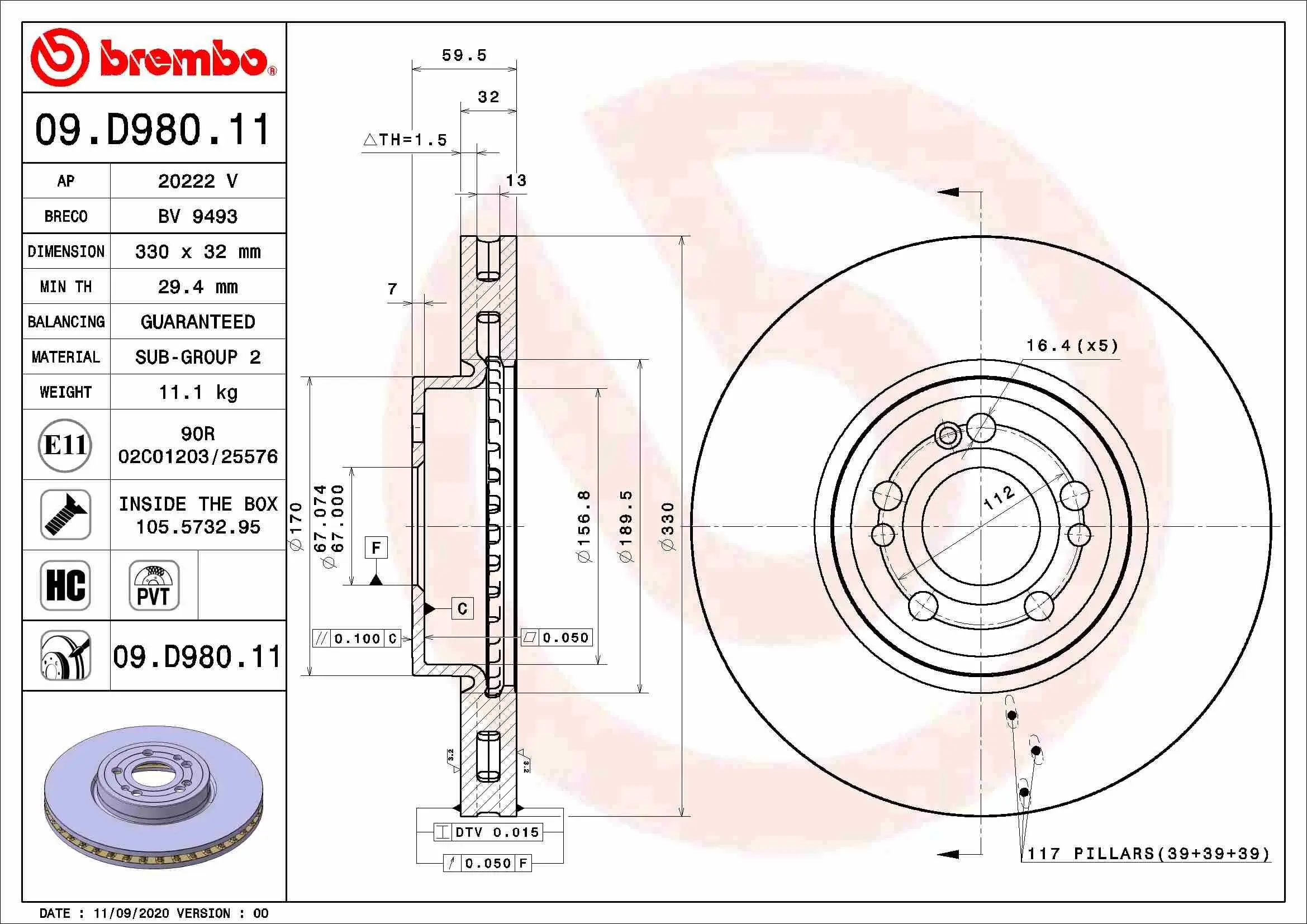 Bremsscheibe Vorderachse BREMBO 09.D980.11