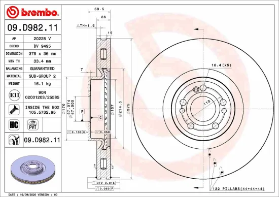 Bremsscheibe Vorderachse BREMBO 09.D982.11 Bild Bremsscheibe Vorderachse BREMBO 09.D982.11