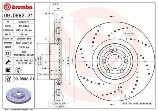 Bremsscheibe Vorderachse BREMBO 09.D982.21 Bild Bremsscheibe Vorderachse BREMBO 09.D982.21