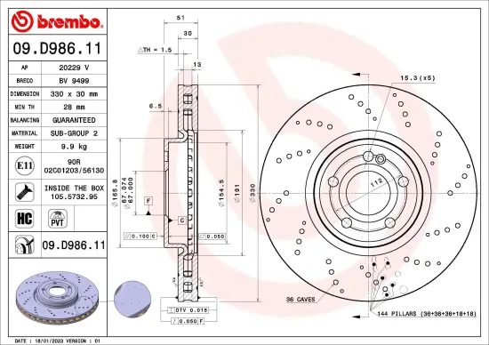 Bremsscheibe Vorderachse BREMBO 09.D986.11 Bild Bremsscheibe Vorderachse BREMBO 09.D986.11