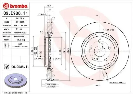 Bremsscheibe Vorderachse BREMBO 09.D988.11 Bild Bremsscheibe Vorderachse BREMBO 09.D988.11