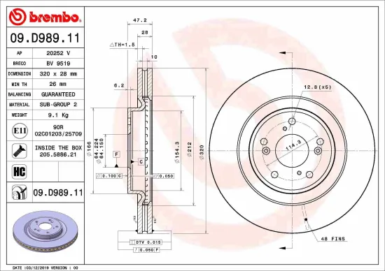 Bremsscheibe Vorderachse BREMBO 09.D989.11 Bild Bremsscheibe Vorderachse BREMBO 09.D989.11