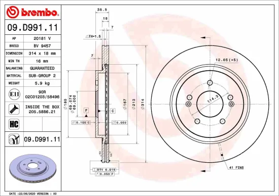 Bremsscheibe Hinterachse BREMBO 09.D991.11 Bild Bremsscheibe Hinterachse BREMBO 09.D991.11