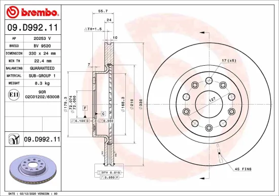 Bremsscheibe Vorderachse BREMBO 09.D992.11 Bild Bremsscheibe Vorderachse BREMBO 09.D992.11