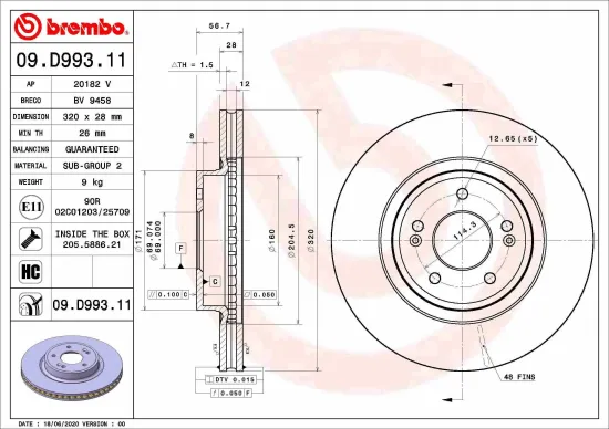 Bremsscheibe Vorderachse BREMBO 09.D993.11 Bild Bremsscheibe Vorderachse BREMBO 09.D993.11