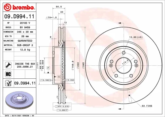 Bremsscheibe Vorderachse BREMBO 09.D994.11 Bild Bremsscheibe Vorderachse BREMBO 09.D994.11