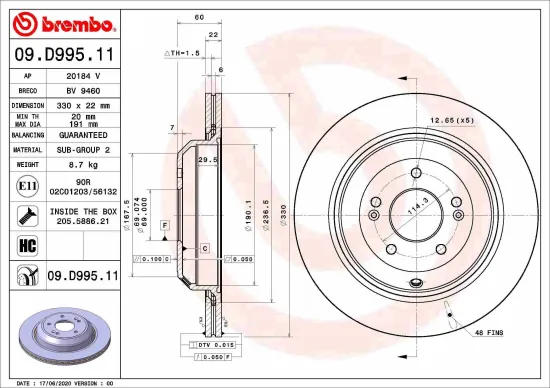 Bremsscheibe Hinterachse BREMBO 09.D995.11 Bild Bremsscheibe Hinterachse BREMBO 09.D995.11