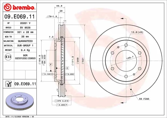 Bremsscheibe Vorderachse BREMBO 09.E069.11 Bild Bremsscheibe Vorderachse BREMBO 09.E069.11