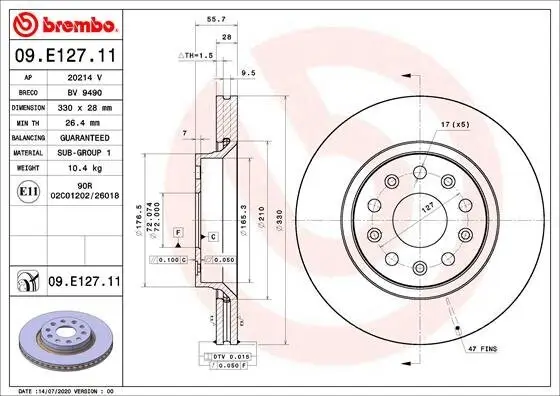 Bremsscheibe Vorderachse BREMBO 09.E127.11
