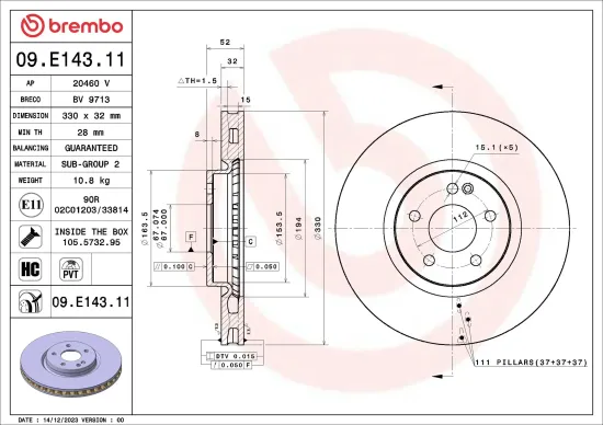 Bremsscheibe Vorderachse BREMBO 09.E143.11 Bild Bremsscheibe Vorderachse BREMBO 09.E143.11