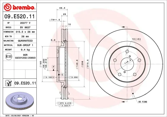 Bremsscheibe Vorderachse BREMBO 09.E520.11 Bild Bremsscheibe Vorderachse BREMBO 09.E520.11