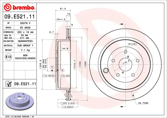 Bremsscheibe Hinterachse BREMBO 09.E521.11 Bild Bremsscheibe Hinterachse BREMBO 09.E521.11