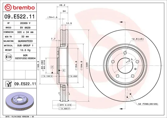 Bremsscheibe Vorderachse BREMBO 09.E522.11 Bild Bremsscheibe Vorderachse BREMBO 09.E522.11