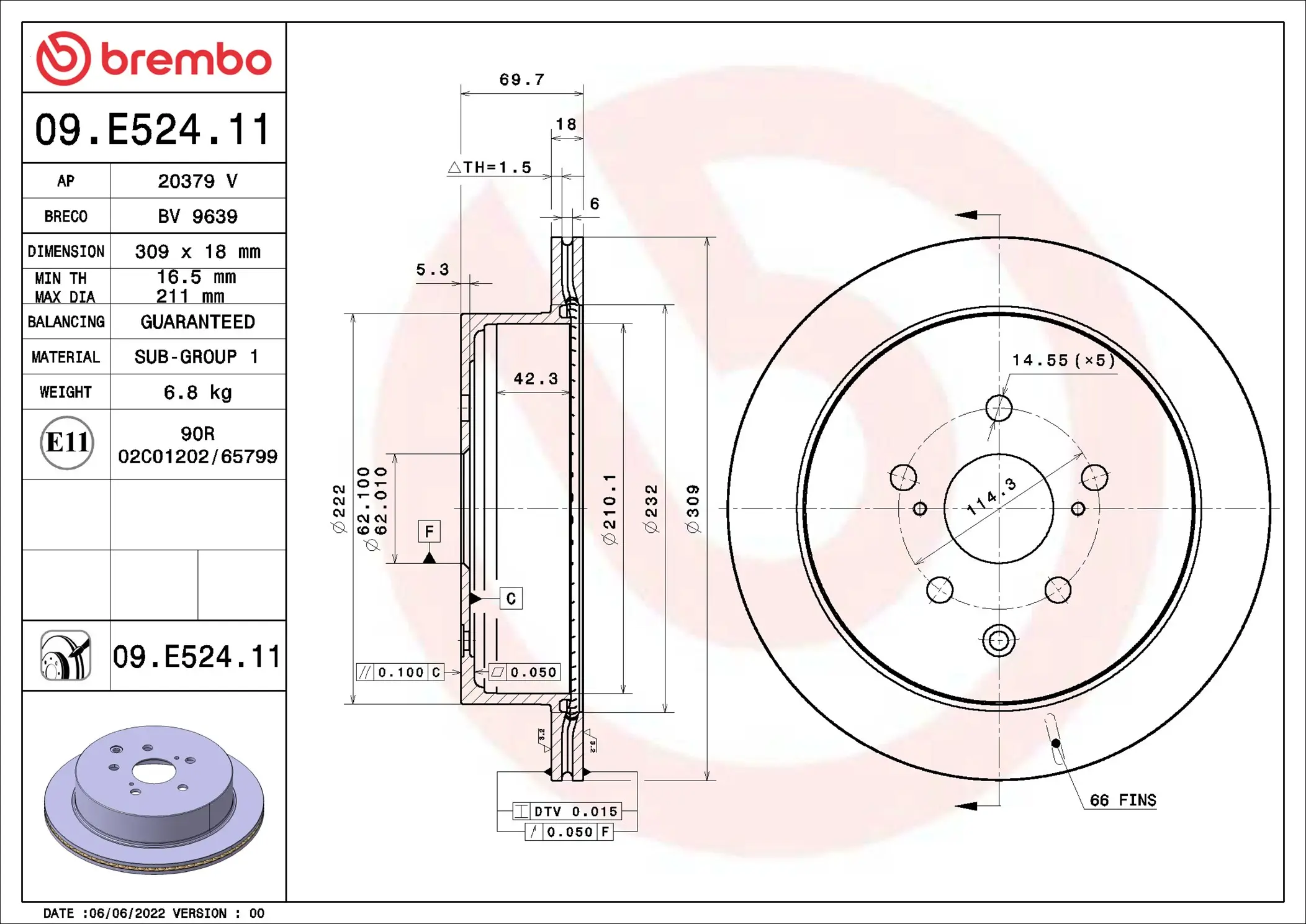 Bremsscheibe Hinterachse BREMBO 09.E524.11