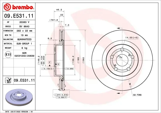 Bremsscheibe Vorderachse BREMBO 09.E531.11 Bild Bremsscheibe Vorderachse BREMBO 09.E531.11