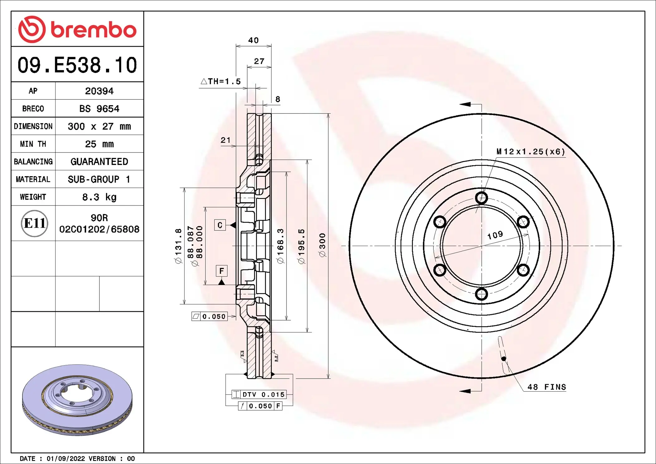 Bremsscheibe Vorderachse BREMBO 09.E538.10