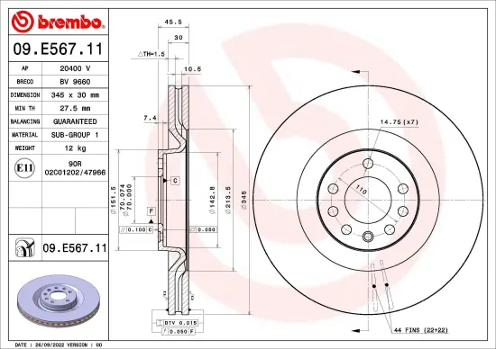 Bremsscheibe Vorderachse BREMBO 09.E567.11 Bild Bremsscheibe Vorderachse BREMBO 09.E567.11
