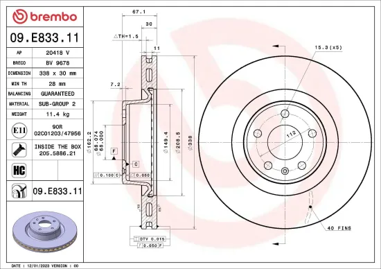 Bremsscheibe Vorderachse BREMBO 09.E833.11 Bild Bremsscheibe Vorderachse BREMBO 09.E833.11