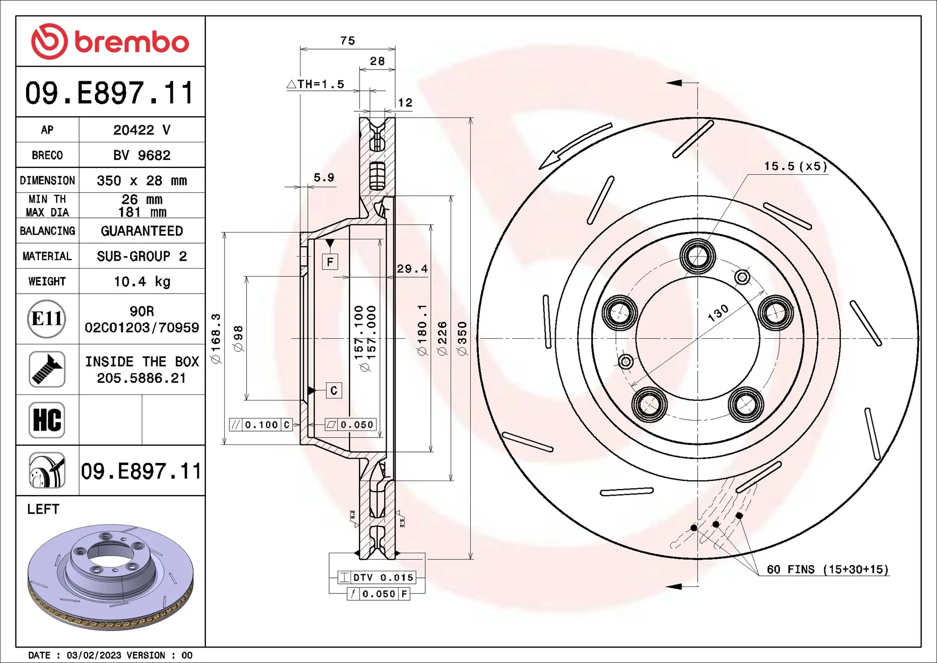 Bremsscheibe Hinterachse Hinterachse links BREMBO 09.E897.11