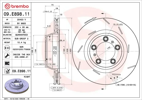Bremsscheibe Hinterachse Hinterachse rechts BREMBO 09.E898.11 Bild Bremsscheibe Hinterachse Hinterachse rechts BREMBO 09.E898.11