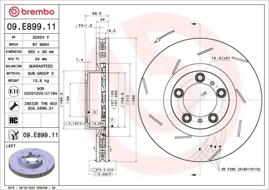 Bremsscheibe Vorderachse Vorderachse links BREMBO 09.E899.11 Bild Bremsscheibe Vorderachse Vorderachse links BREMBO 09.E899.11