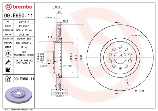 Bremsscheibe Vorderachse BREMBO 09.E950.11 Bild Bremsscheibe Vorderachse BREMBO 09.E950.11