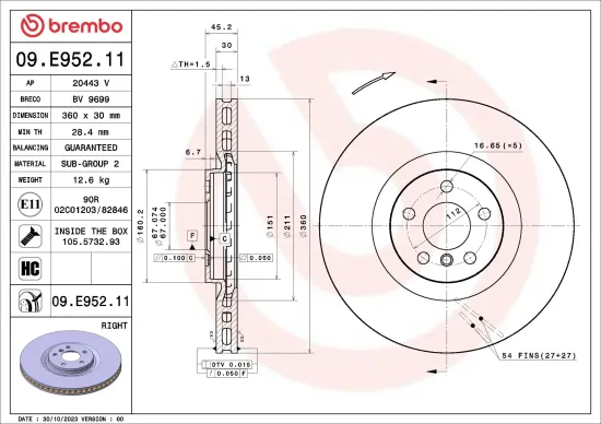 Bremsscheibe Vorderachse Vorderachse rechts BREMBO 09.E952.11 Bild Bremsscheibe Vorderachse Vorderachse rechts BREMBO 09.E952.11