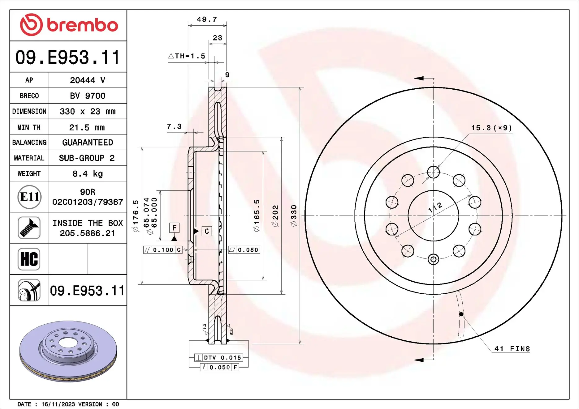Bremsscheibe Vorderachse BREMBO 09.E953.11