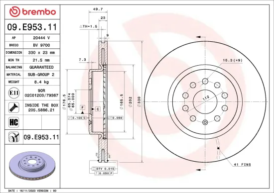 Bremsscheibe Vorderachse BREMBO 09.E953.11 Bild Bremsscheibe Vorderachse BREMBO 09.E953.11