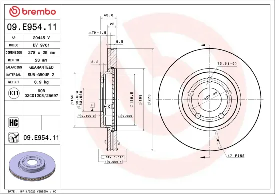 Bremsscheibe Vorderachse BREMBO 09.E954.11 Bild Bremsscheibe Vorderachse BREMBO 09.E954.11
