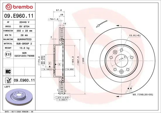Bremsscheibe Vorderachse Vorderachse links BREMBO 09.E960.11 Bild Bremsscheibe Vorderachse Vorderachse links BREMBO 09.E960.11
