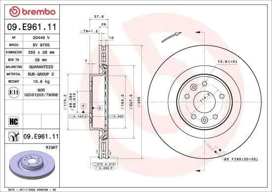 Bremsscheibe Vorderachse Vorderachse rechts BREMBO 09.E961.11 Bild Bremsscheibe Vorderachse Vorderachse rechts BREMBO 09.E961.11