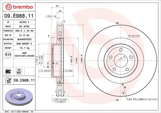 Bremsscheibe Vorderachse BREMBO 09.E988.11 Bild Bremsscheibe Vorderachse BREMBO 09.E988.11