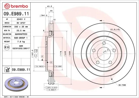 Bremsscheibe Hinterachse BREMBO 09.E989.11 Bild Bremsscheibe Hinterachse BREMBO 09.E989.11